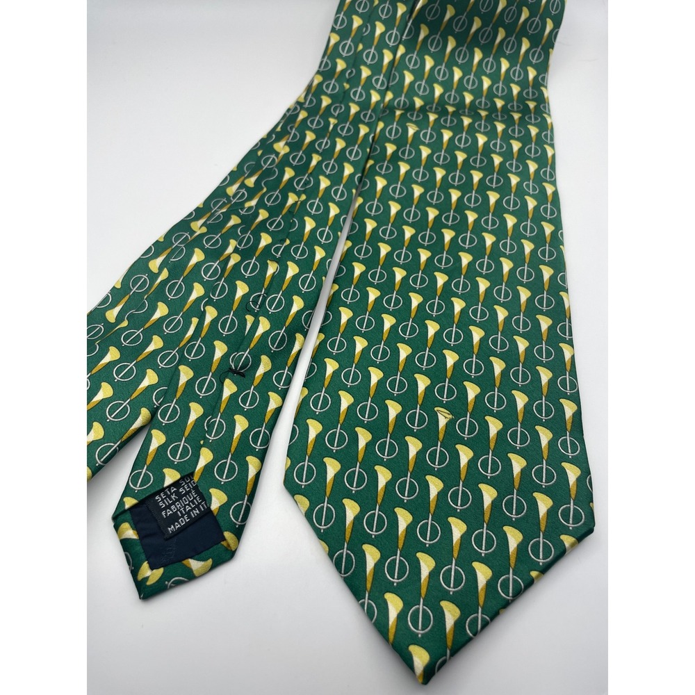 Trussardi Mens Silk Tie Green Yellow Geometric Horn Pattern Made in Italy Luxury